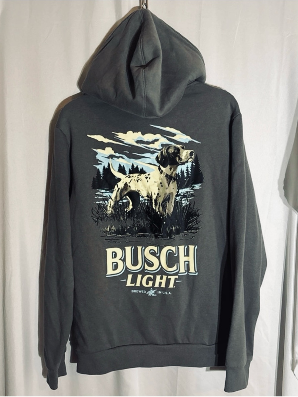 Busch Light Hunting Series Charcoal Hoodie with Hunting Dog Scene Size Med